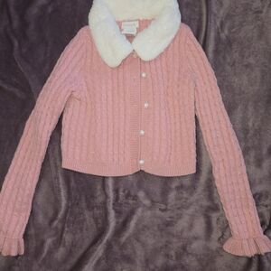 Tahari Faux Fur Collar Pink Cable Knit Sweater Girls Size 5/6